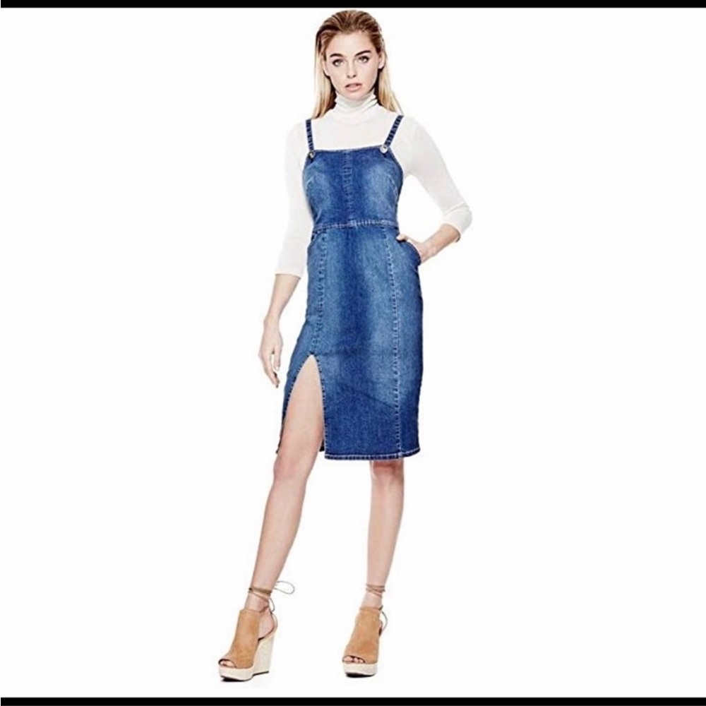 NWT GUESS Fitted Bib Denim Slit Dress 8